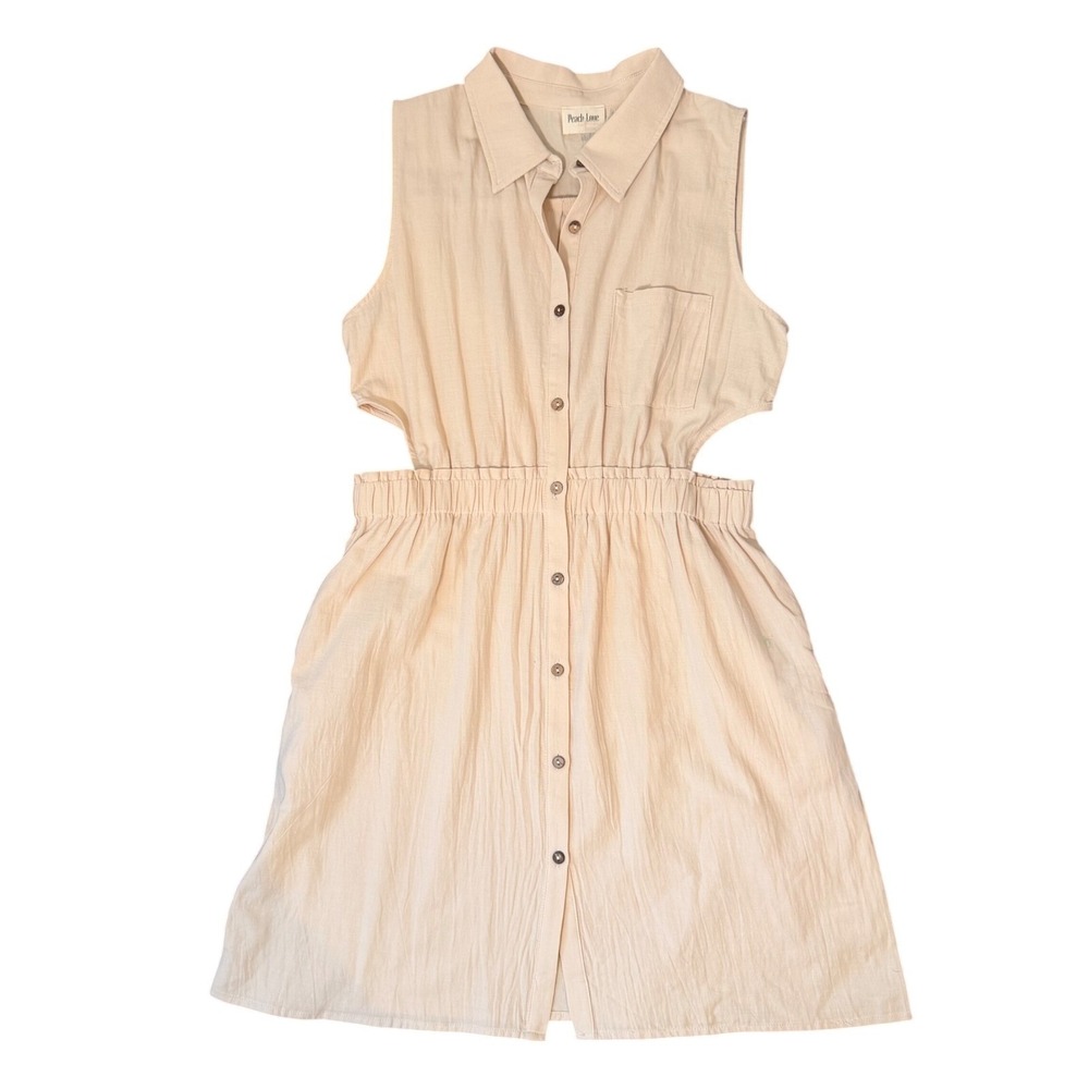 Neutral Summer Button Down Cotton Shirt Dress NEW (SM) Cutouts Sleeveless Cream - Picture 2 of 15